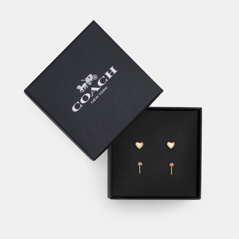 COACH®,HEART AND LOLLIPOP STUD EARRINGS SET,Metal,Gold/Multi,Front View