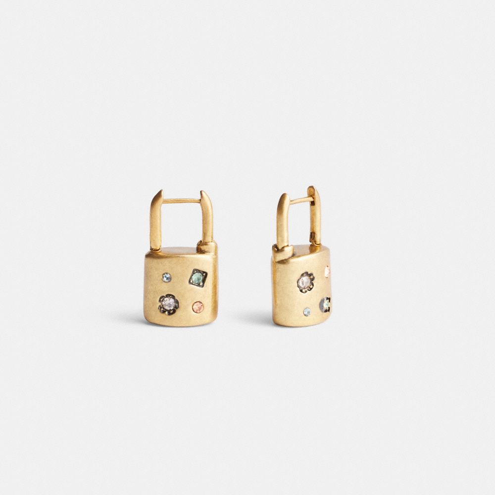 COACH®,STONE PADLOCK HUGGIE EARRINGS,Plated Brass,Gold/Multi,Front View