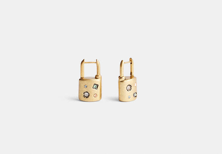 COACH®,STONE PADLOCK HUGGIE EARRINGS,Plated Brass,Gold/Multi,Front View