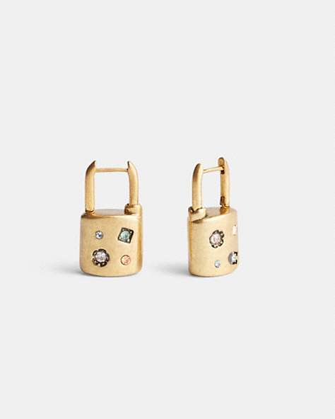 COACH®,STONE PADLOCK HUGGIE EARRINGS,Plated Brass,Gold/Multi,Front View