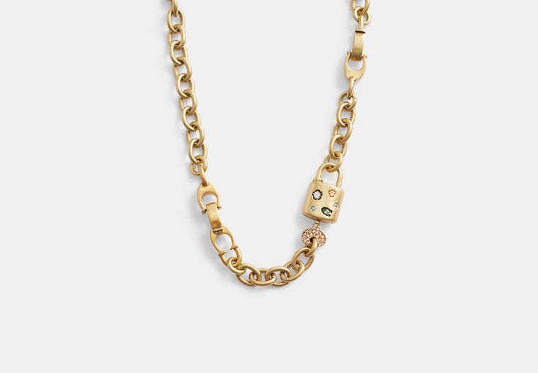 COACH®,STONE PADLOCK CHAIN NECKLACE,Plated Brass,Gold/Multi,Front View
