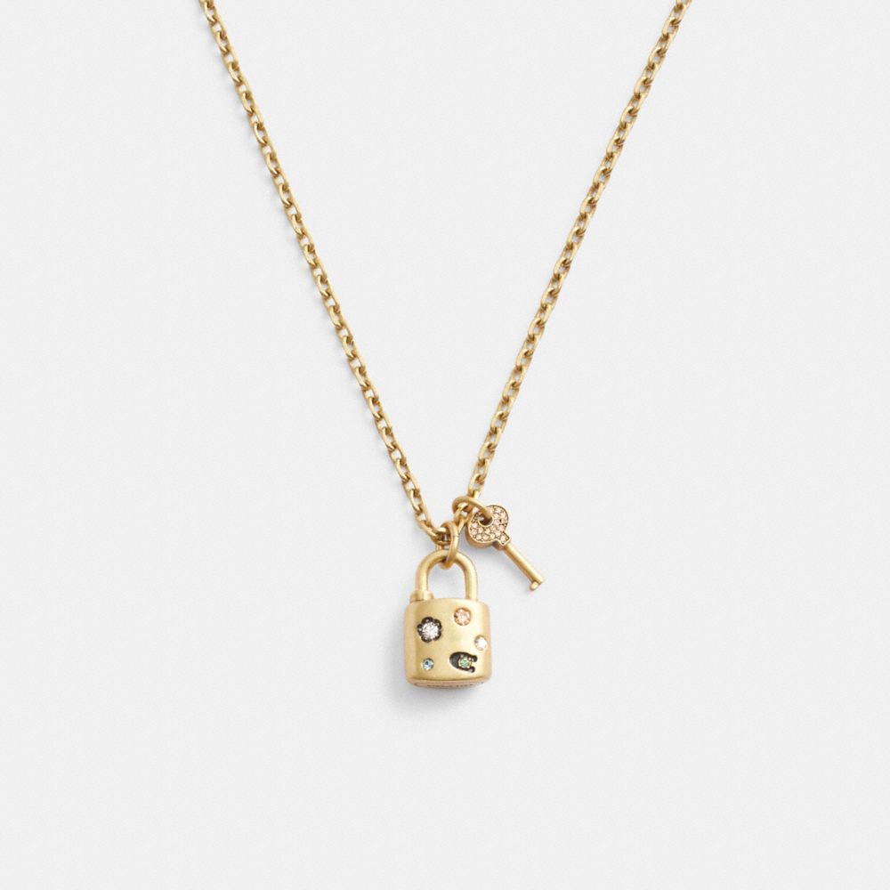 COACH®,STONE PADLOCK PENDANT NECKLACE,Plated Brass,Gold/Multi,Front View