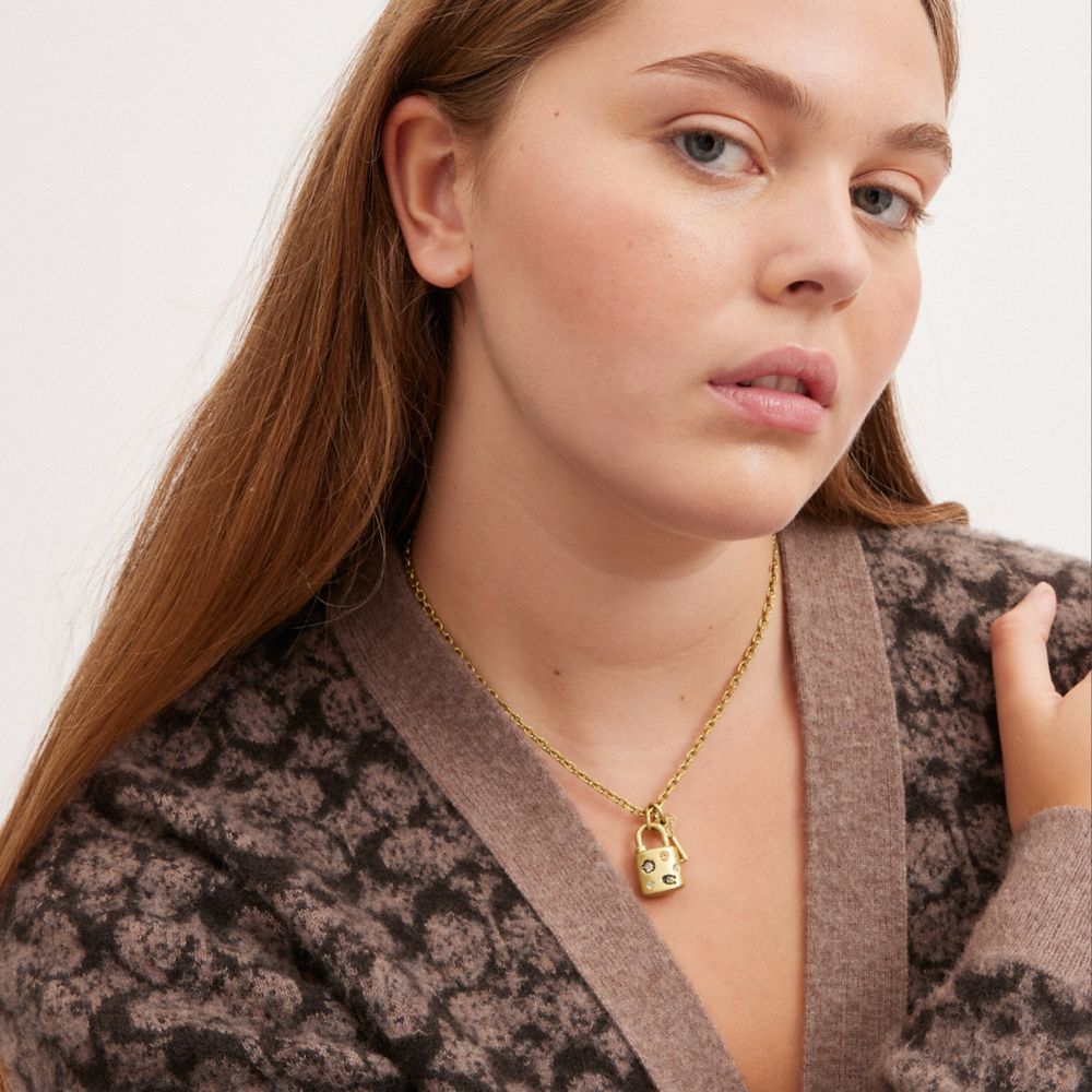 COACH®,ストーン パッドロック ペンダント ネックレス,ネックレス,ｺﾞｰﾙﾄﾞ/ﾏﾙﾁｶﾗｰ