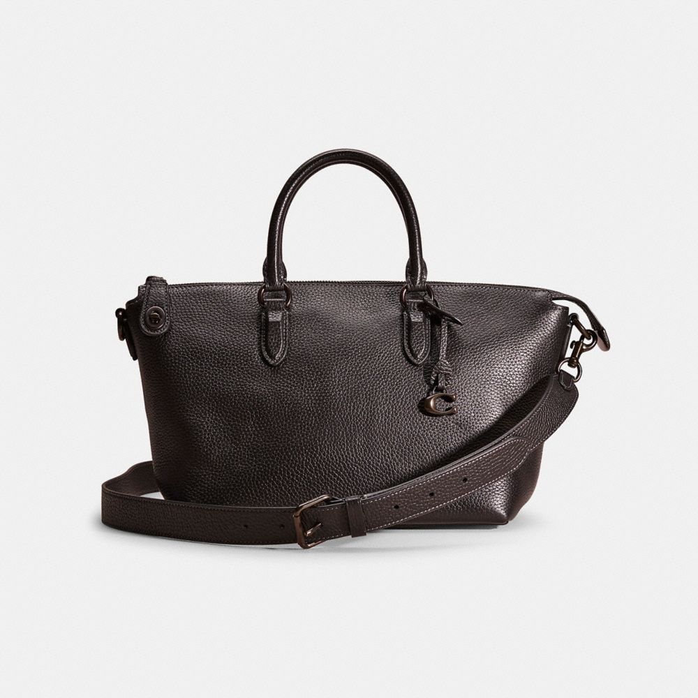 COACH®,RESTORED CARA SATCHEL,Pebble Leather,Pewter/Black,Front View