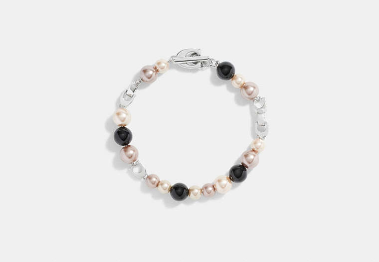 COACH®,SIGNATURE CHAIN PEARL BRACELET,Plated Brass,Silver/Pink Multi,Front View