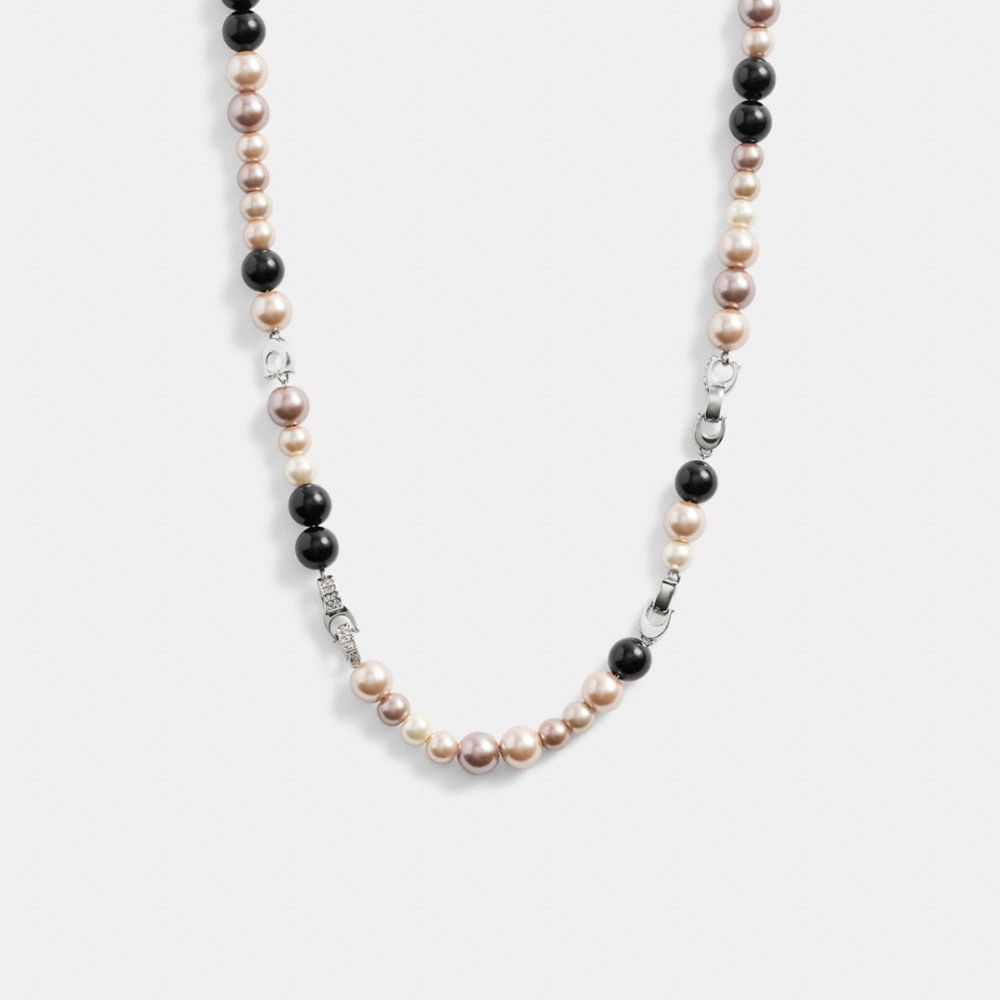 COACH®,SIGNATURE CHAIN PEARL NECKLACE,Plated Brass,Silver/Pink Multi,Front View