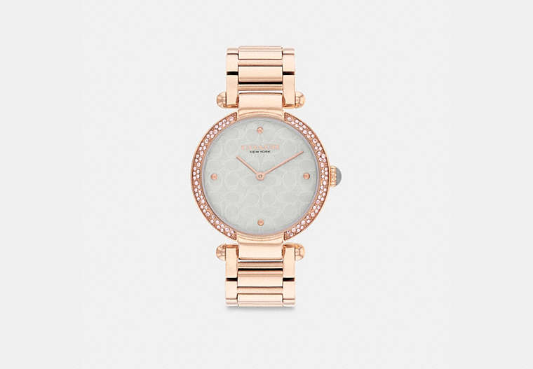 COACH®,CARY WATCH, 34MM,Rose Gold/Light Blue,Front View