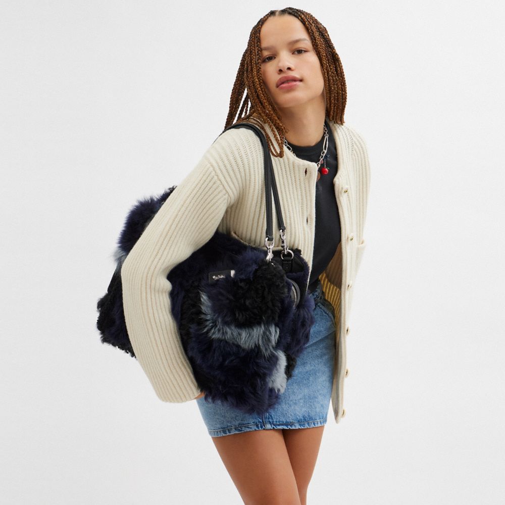 COACH®,Rogue Bag 39 With Patchwork,Shearling,Leather,Tote,Logo,Metal,Day Party,Turquoise,Detail View