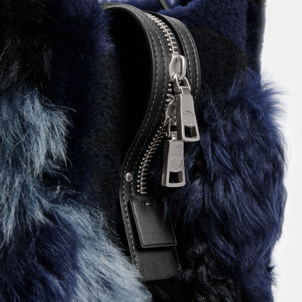 COACH®,Rogue Bag 39 With Patchwork,Shearling,Leather,Tote,Logo,Metal,Day Party,Turquoise,Closer View
