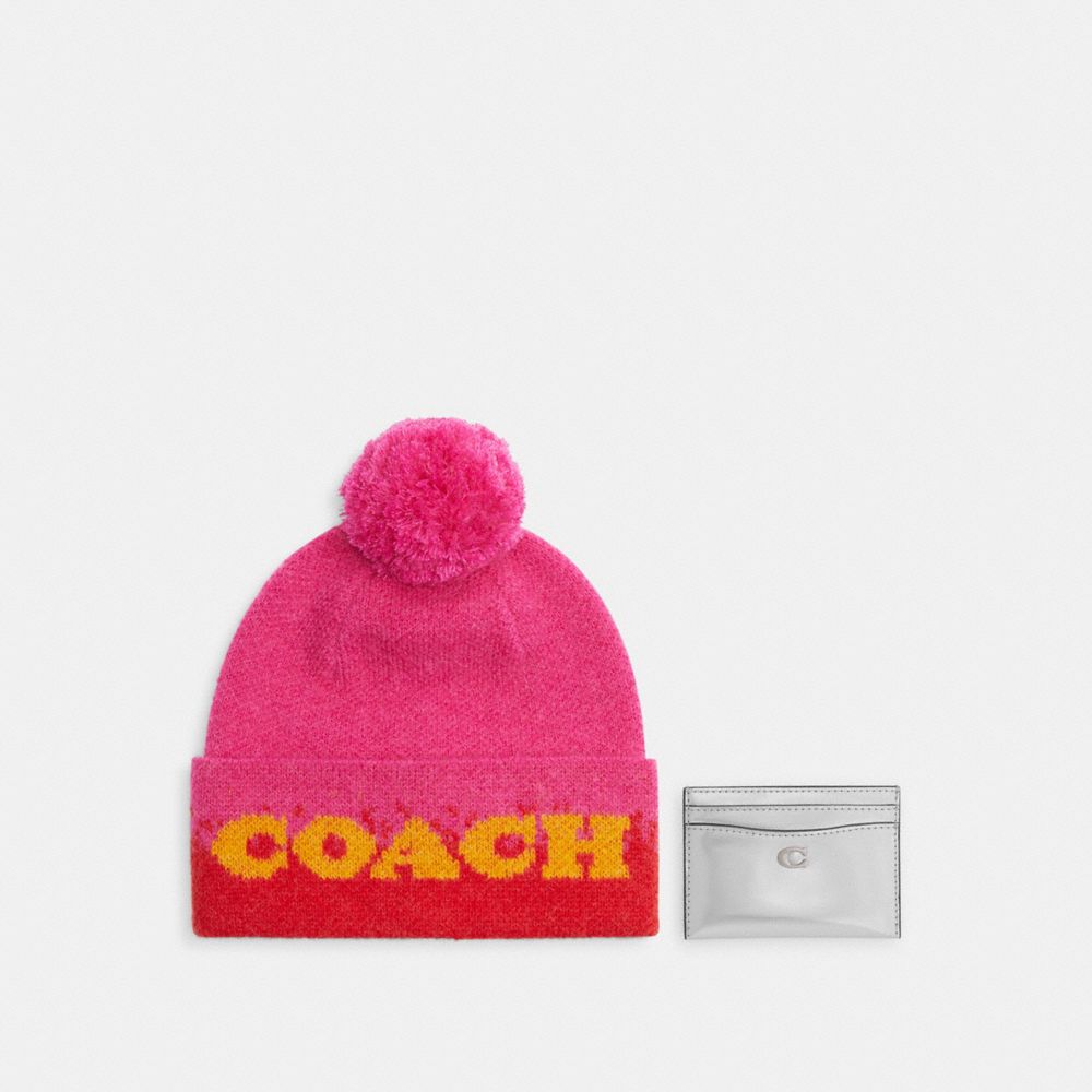 COACH®,Ombre Print Beanie & Essential Card Case In Silver Metallic,