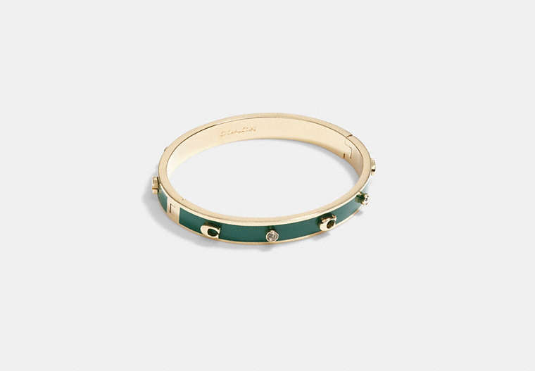 COACH®,SIGNATURE AND STONE HINGED BANGLE,Metal,Gold/Green,Front View