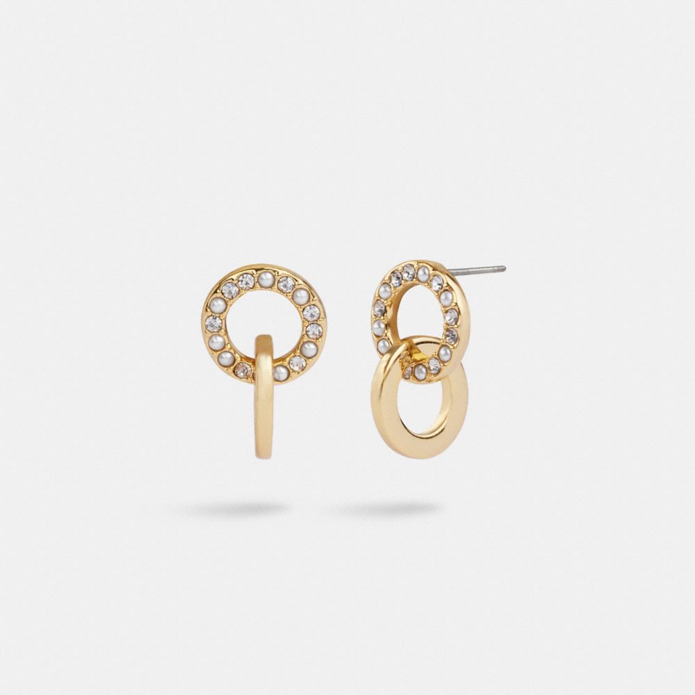 COACH®,INTERLOCKING OPEN CIRCLE PEARL HUGGIE EARRINGS,Gold/Pearl,Front View