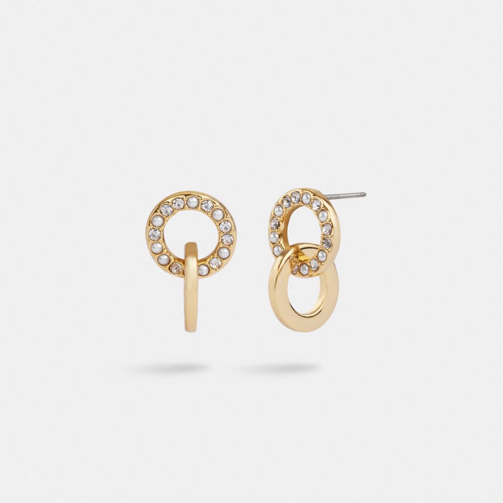 COACH®,Interlocking Open Circle Pearl Huggie Earrings,Dangle Earring,Cubic Zirconia,Glass,Gem Embellishment,Pearl,Gold Pla...,Clear,Front View image number 0