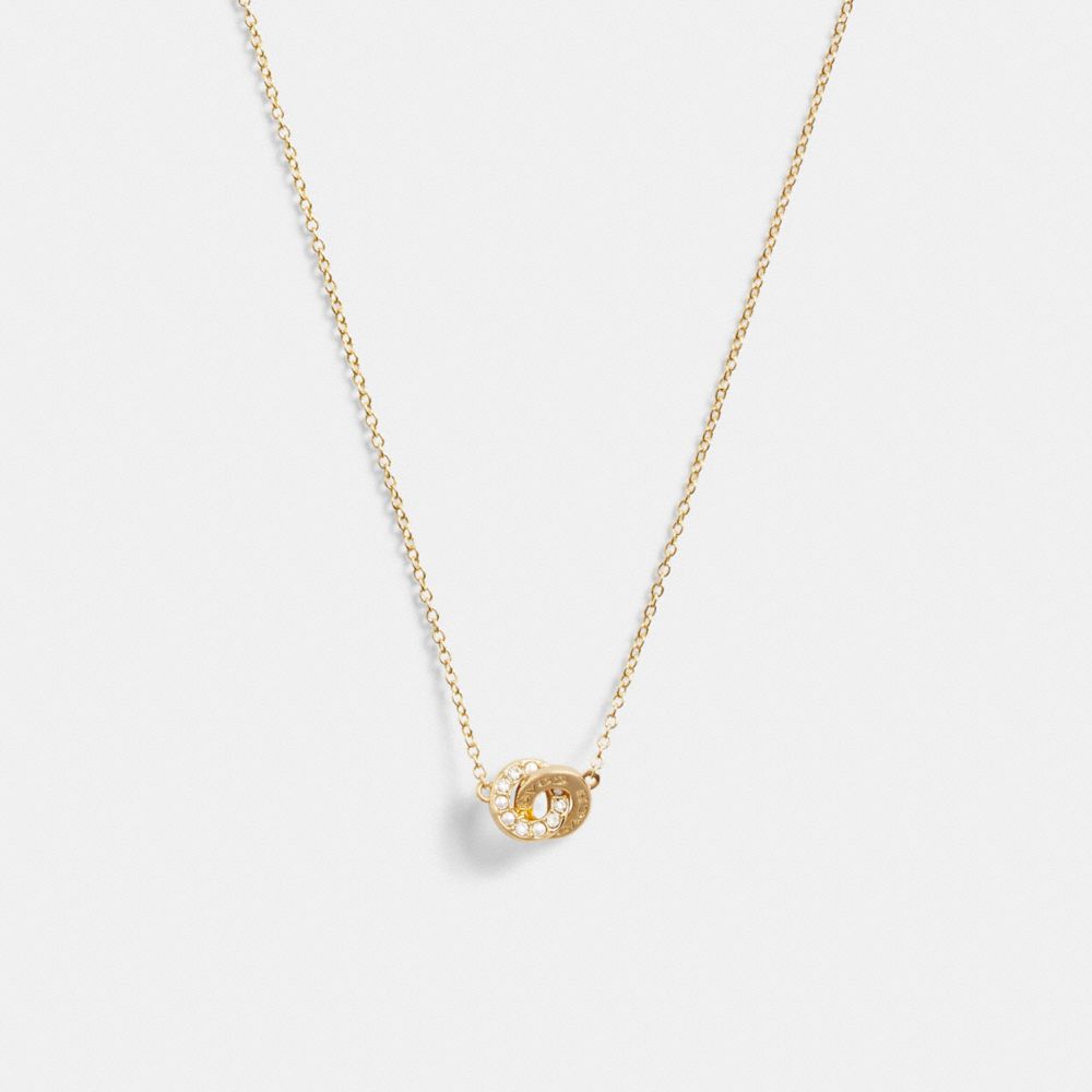 COACH®,INTERLOCKING OPEN CIRCLE PEARL PENDANT NECKLACE,Gold/Pearl,Front View