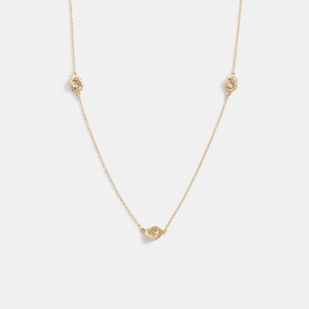 COACH®,INTERLOCKING OPEN CIRCLE PEARL LONG STATION NECKLACE,Metal,Gold/Pearl,Front View
