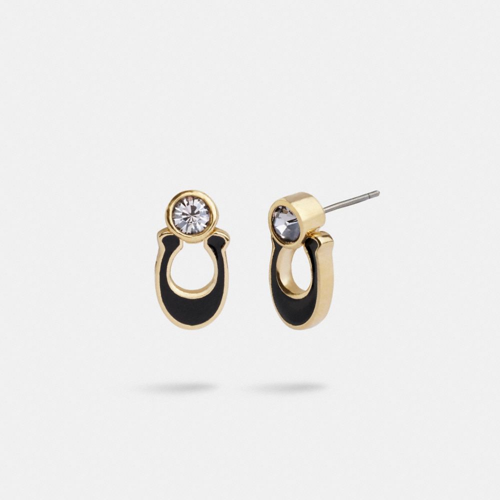 COACH®,SIGNATURE LINK ENAMEL PAVÉ DROP EARRINGS,Gold/Black,Front View