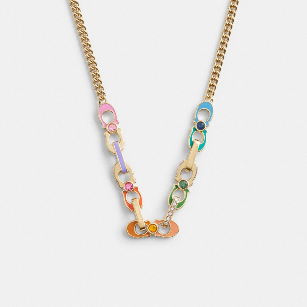 COACH®,SIGNATURE LINK ENAMEL PAVÉ NECKLACE,Mixed Material,Gold/Multi,Front View