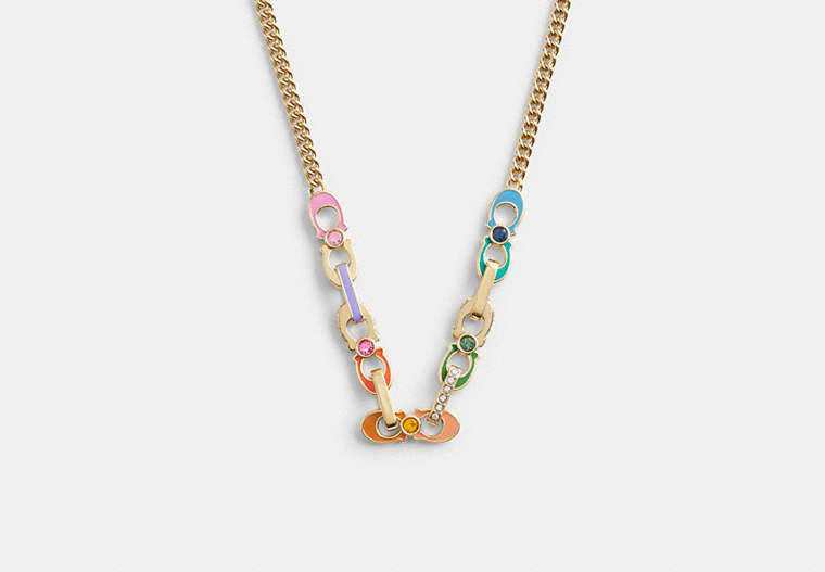 COACH®,SIGNATURE LINK ENAMEL PAVÉ NECKLACE,Mixed Material,Gold/Multi,Front View