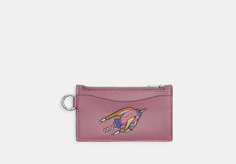COACH®,COSMIC COACH ZIP CARD CASE WITH ROCKET,Glovetanned Leather,Violet Orchid,Front View