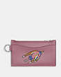 COACH®,COSMIC COACH ZIP CARD CASE WITH ROCKET,Glovetanned Leather,Mini,Violet Orchid,Front View