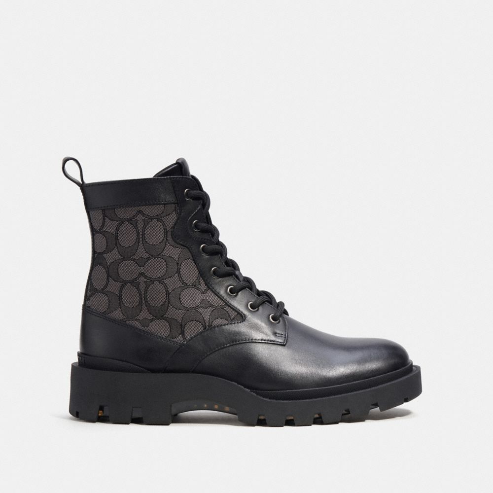 COACH®,CITYSOLE BOOT WITH SIGNATURE JACQUARD,Mixed Materials,Black/Charcoal,Angle View