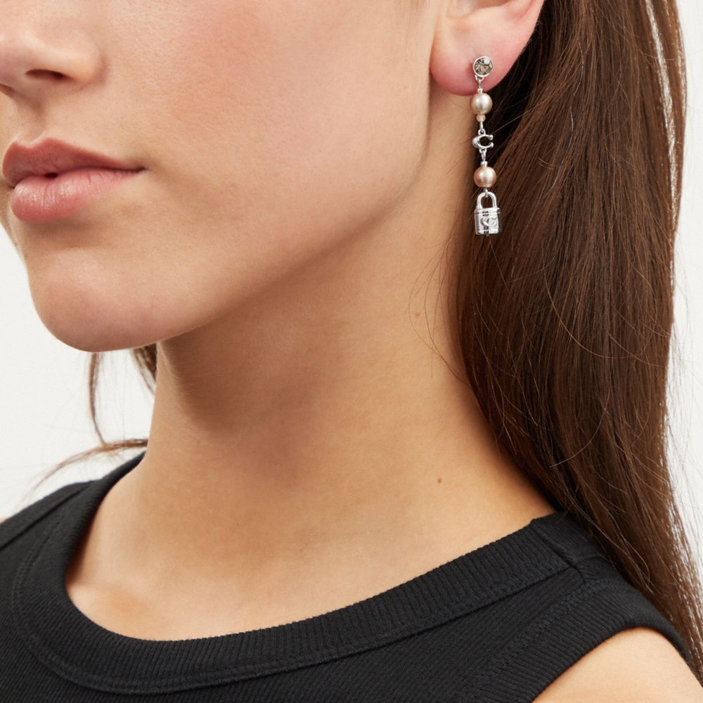 COACH®,PEARL AND PADLOCK MISMATCH LINEAR EARRINGS,Silver/Multi,Detail View