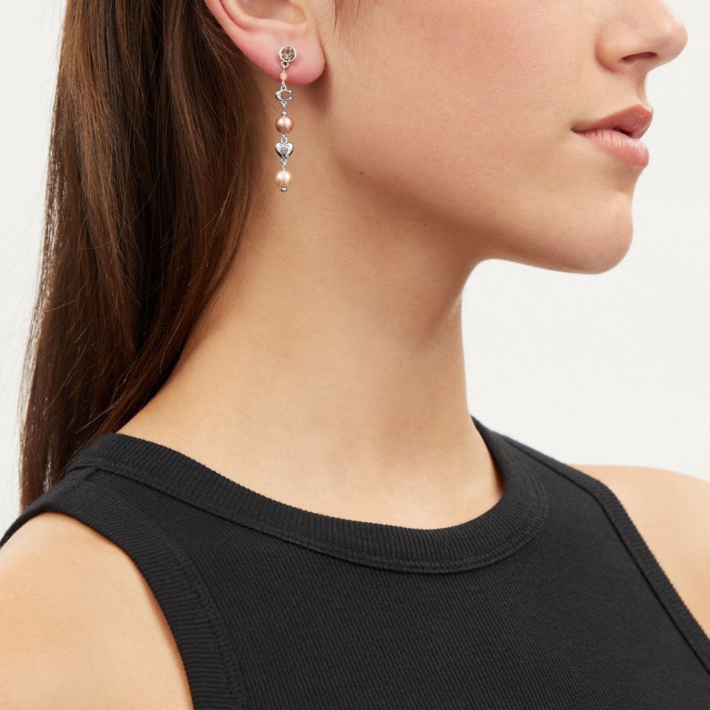 COACH®,PEARL AND PADLOCK MISMATCH LINEAR EARRINGS,Silver/Multi,Detail View