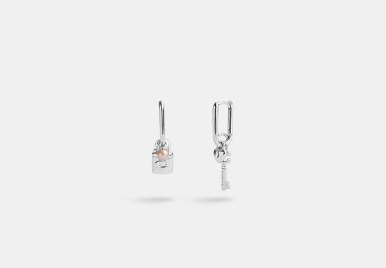COACH®,PEARL AND PADLOCK MISMATCH HUGGIE EARRINGS,Silver/Multi,Front View image number 0
