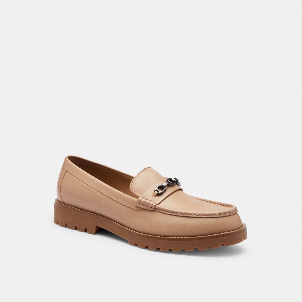 COACH®,Brooks Loafer,Rubber,Leather,Lining Leather,Loafer,Logo,Shoe Straps,Metal,Side Vents,Business Casual,Beige,Front View