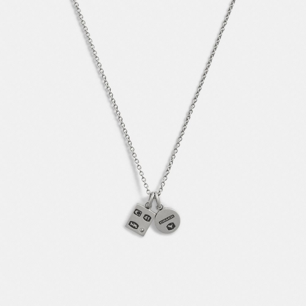 COACH®,STERLING SILVER DOUBLE CHARM LONG PENDANT NECKLACE,Sterling Silver,Silver,Front View