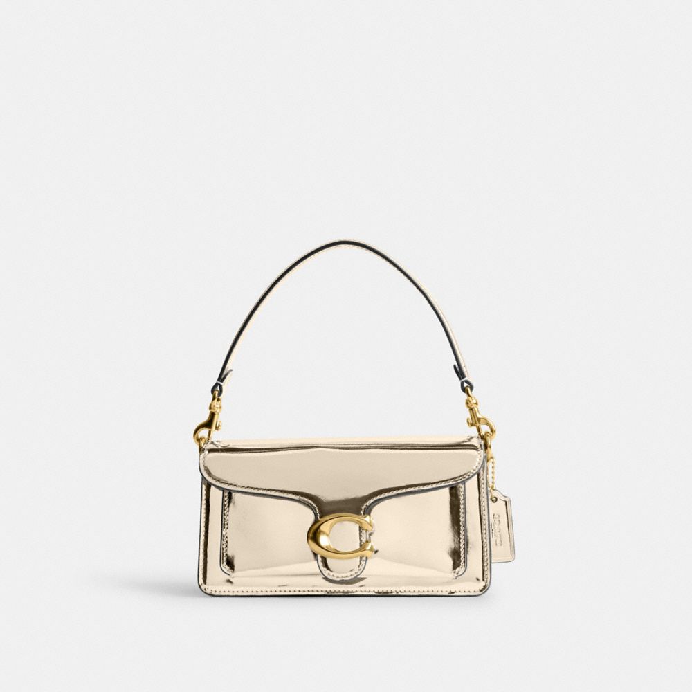 COACH®,TABBY 12 IN METALLIC,Metallic Leather,Mini,Brass/Gold,Front View