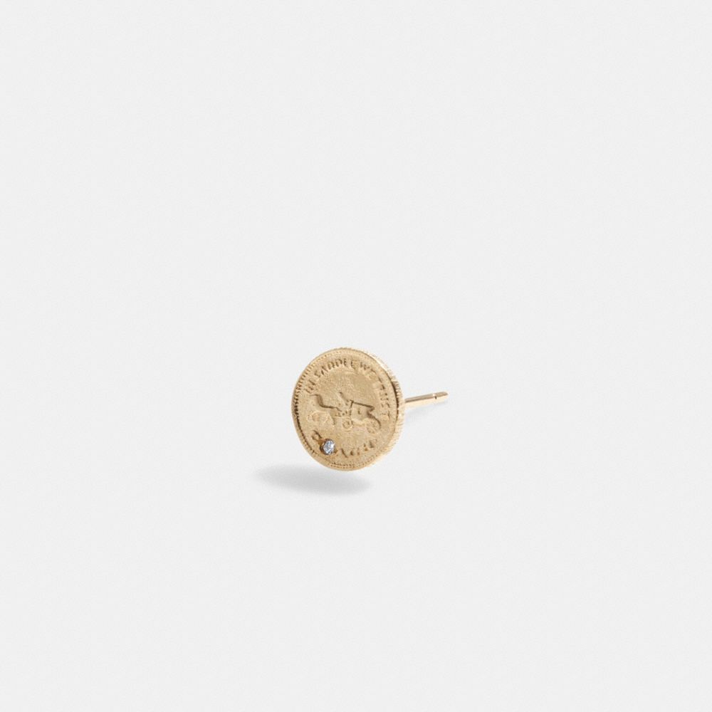 COACH®,14 K Gold Coin Single Stud Earring,Single,Studs,Diamond,Gem Embellishment,Engraving,Lettering Word,Disc,14 Kt Gold,...,,Inside View,Top View