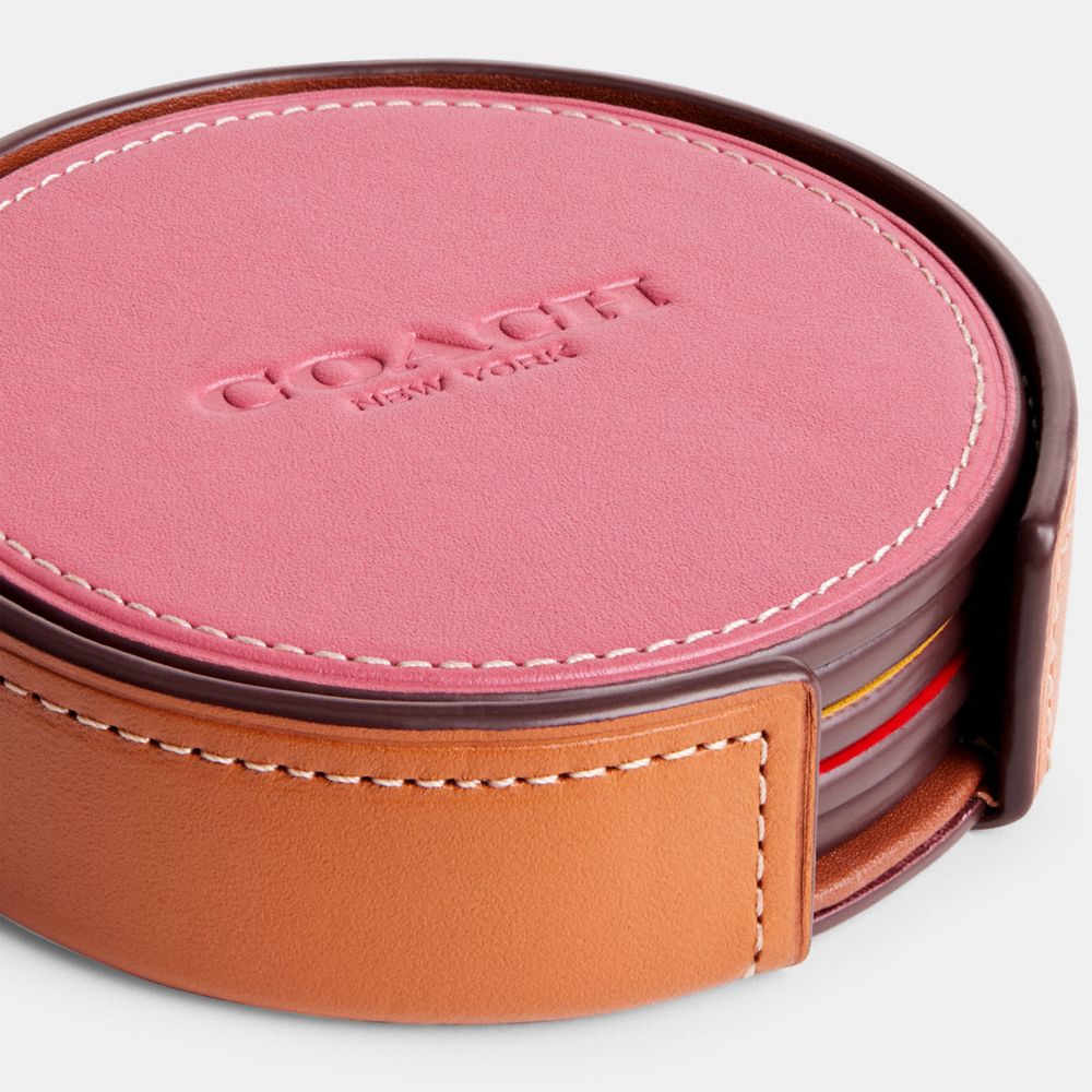 COACH®,Coaster Set,Leather,Drink Coaster,Leather,Logo,Multi Color,Closer View