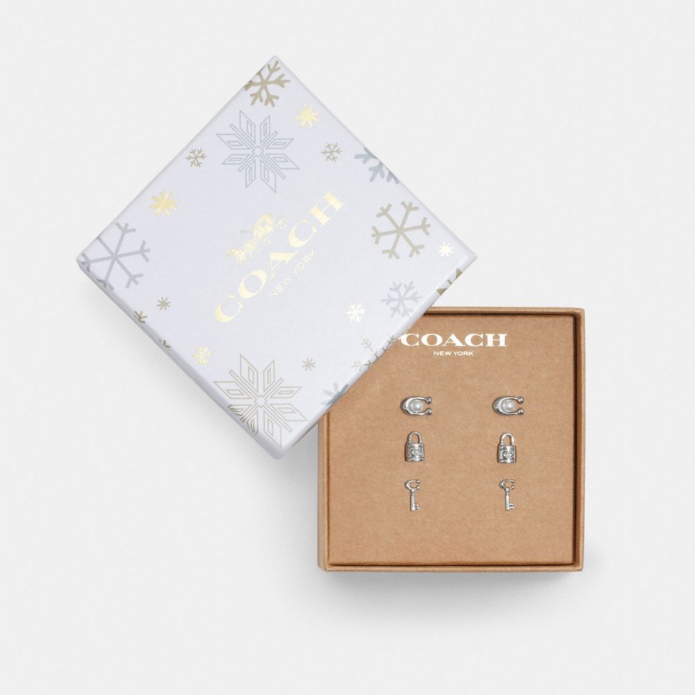COACH®,SIGNATURE LOCK KEY EARRINGS SET,Silver,Front View