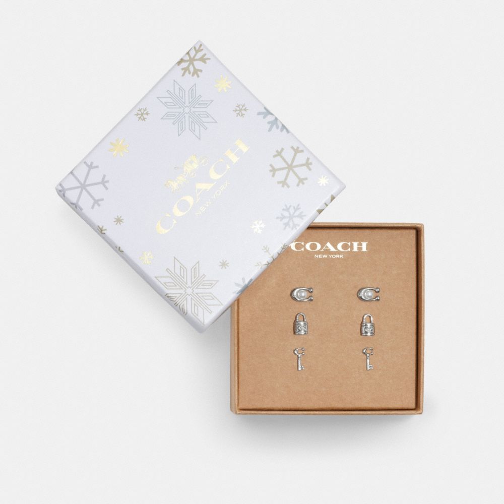 COACH®,SIGNATURE LOCK KEY EARRINGS SET,Mixed Material,Silver,Front View