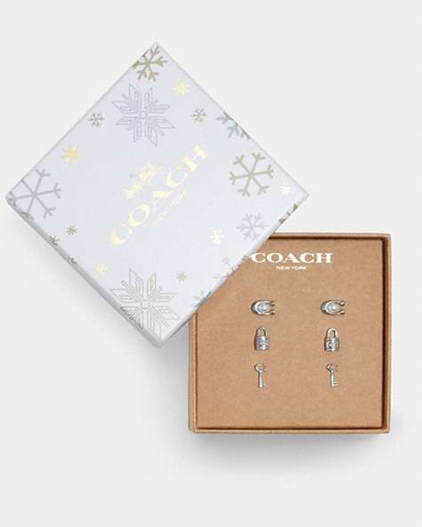 COACH®,SIGNATURE LOCK KEY EARRINGS SET,Mixed Material,Silver,Front View