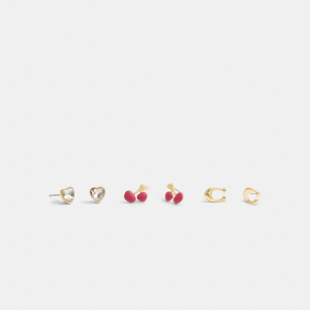 COACH®,SIGNATURE CHERRY HEART EARRINGS SET,Gold,Inside View,Top View