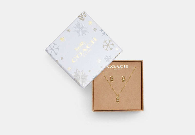 COACH®,TEDDY BEAR EARRINGS AND NECKLACE SET,Mixed Material,Gold,Front View