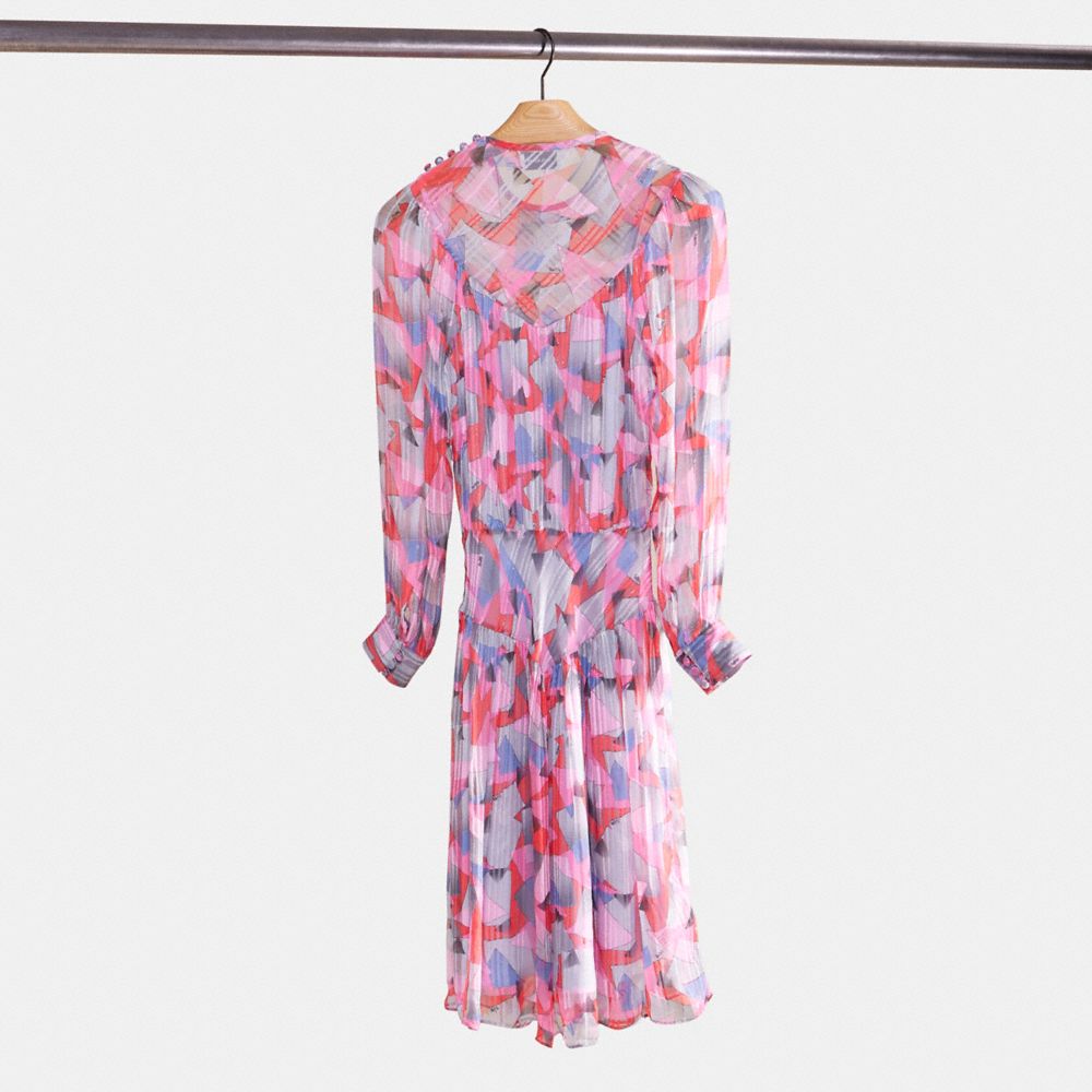 COACH®,Restored Bold Geo Yoke Dress,Viscose,A-Line,Ruched,Sheer,Casual,Multi Color,Back View