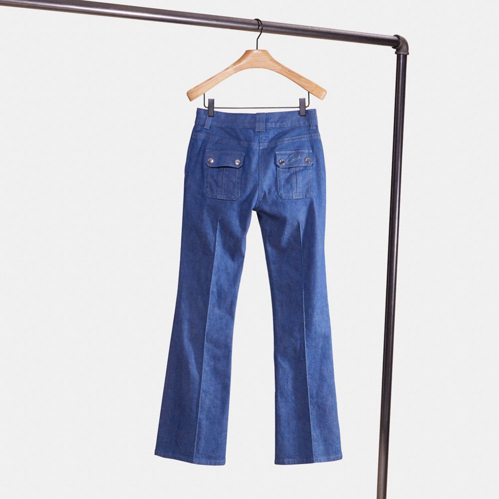 COACH®,Restored Retro High Rise Jeans,Spandex,Cotton,Flared Leg,Pintuck Embellishment,Casual,Blue,Back View