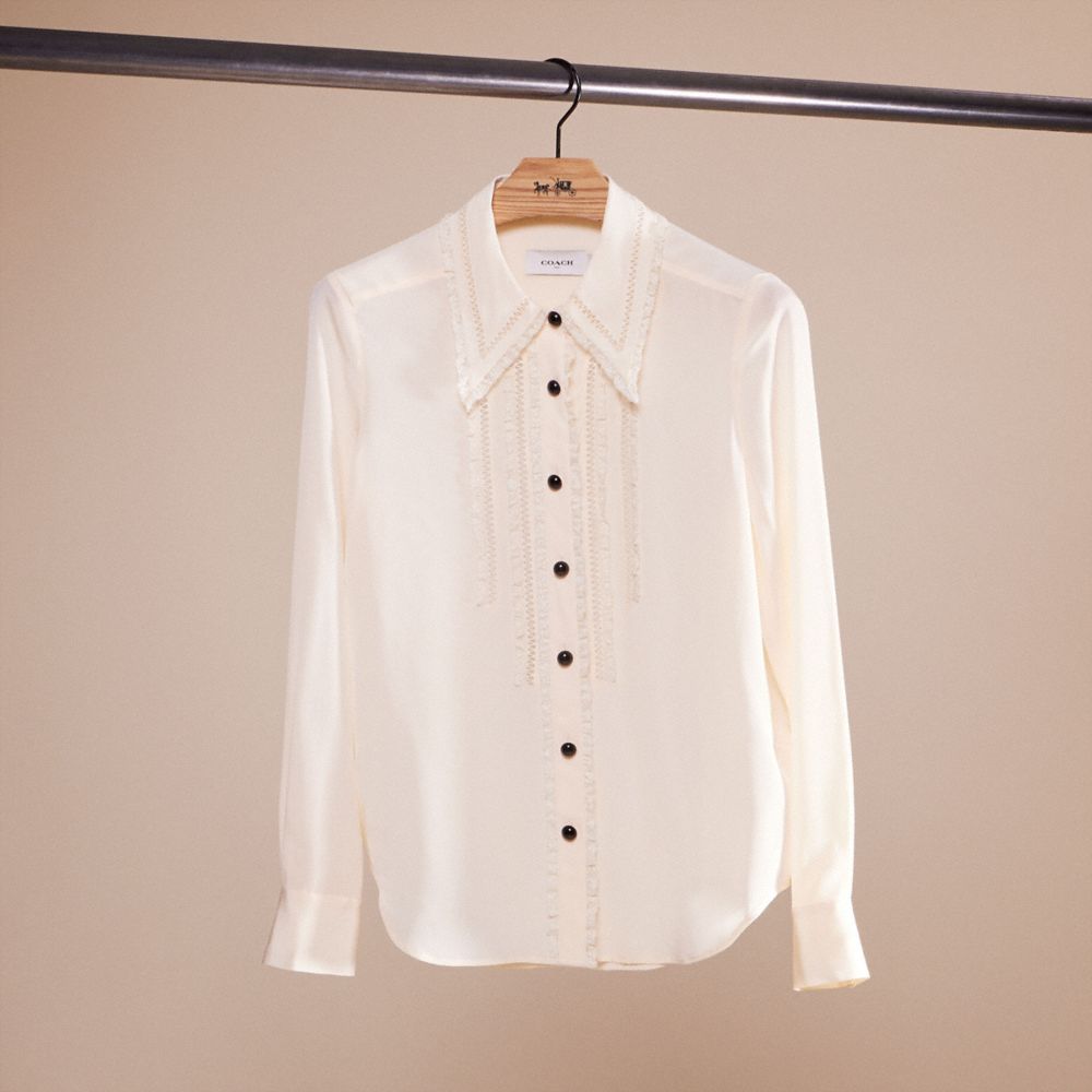 COACH®,RESTORED RUFFLE DETAIL SHIRT,Silk,Cream,Front View