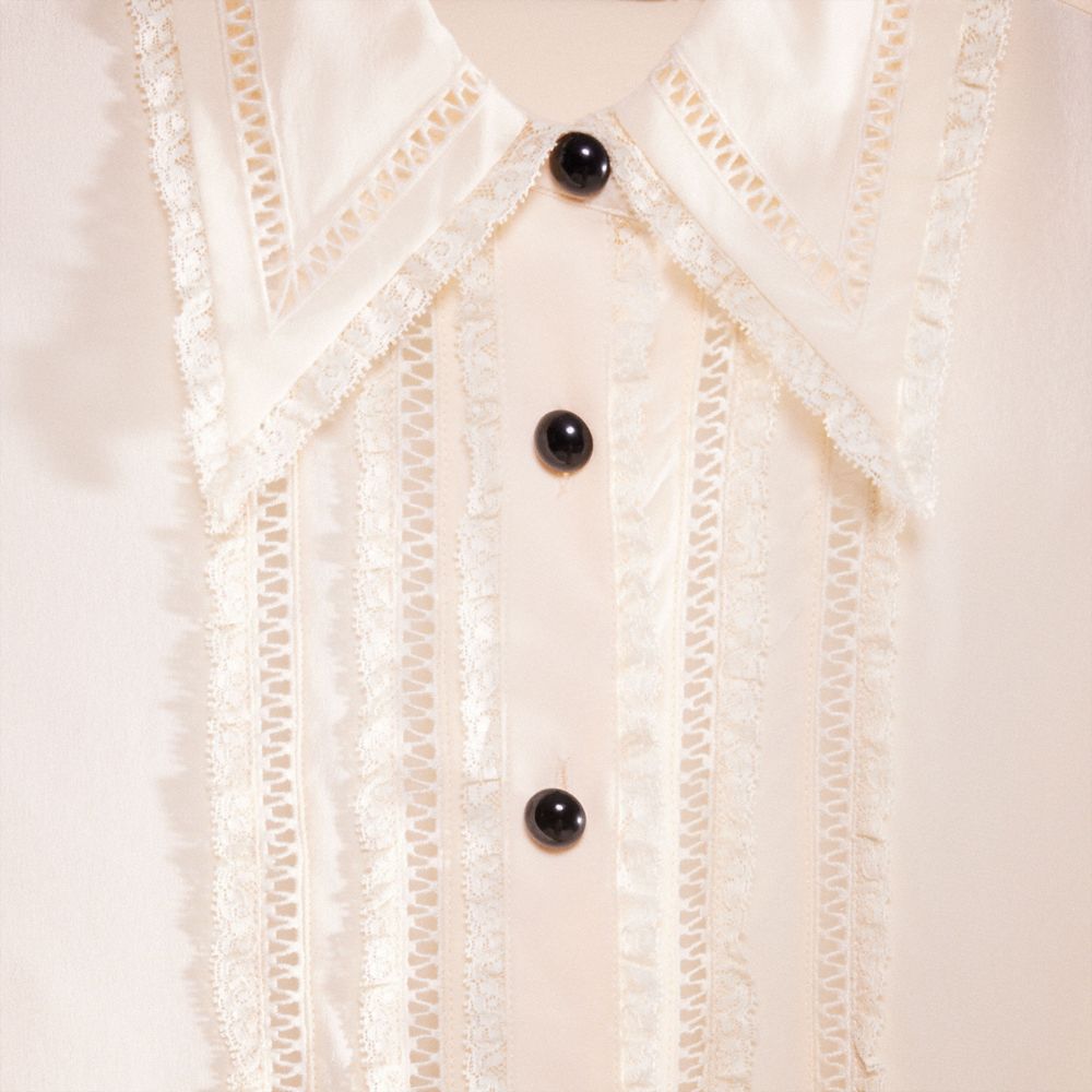 COACH®,Restored Ruffle Detail Shirt,Silk,Button Down,Frills,Lace Embellishment,Ladder Trim,Work,Cream,Scale View