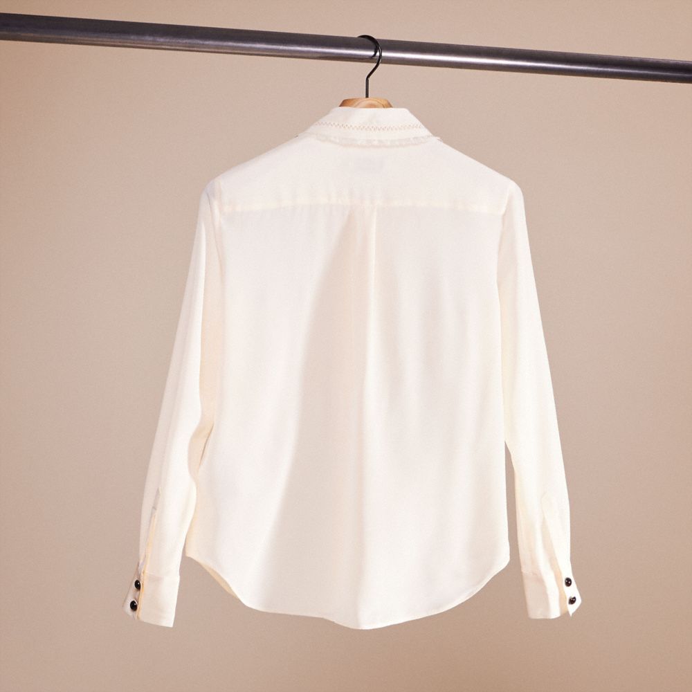 COACH®,Restored Ruffle Detail Shirt,Silk,Button Down,Frills,Lace Embellishment,Ladder Trim,Work,Cream,Back View
