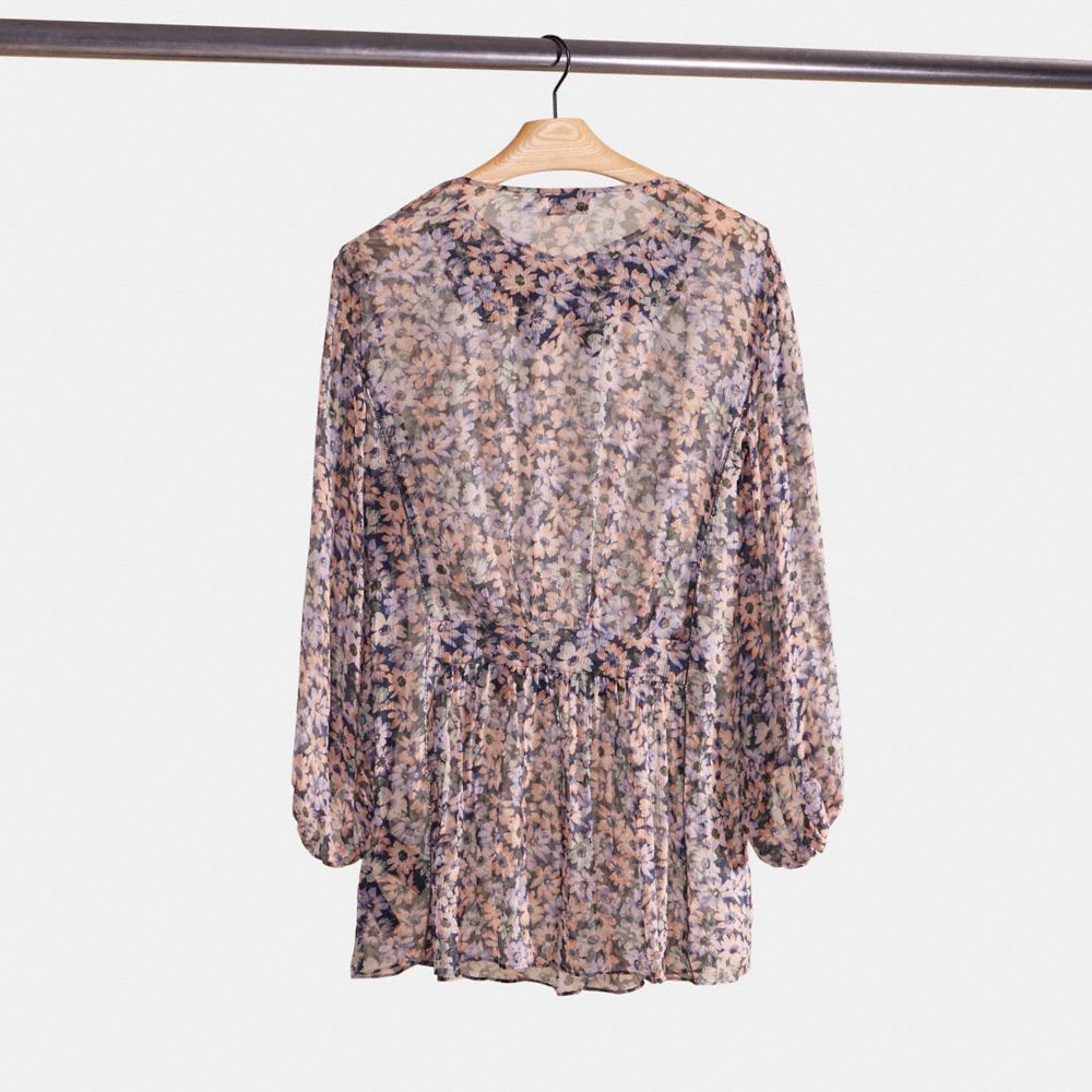 COACH®,Restored Oversized Mini Dress,A-Line,Lace Embellishment,Ruched,Sheer,Day Party,Multi Color,Back View