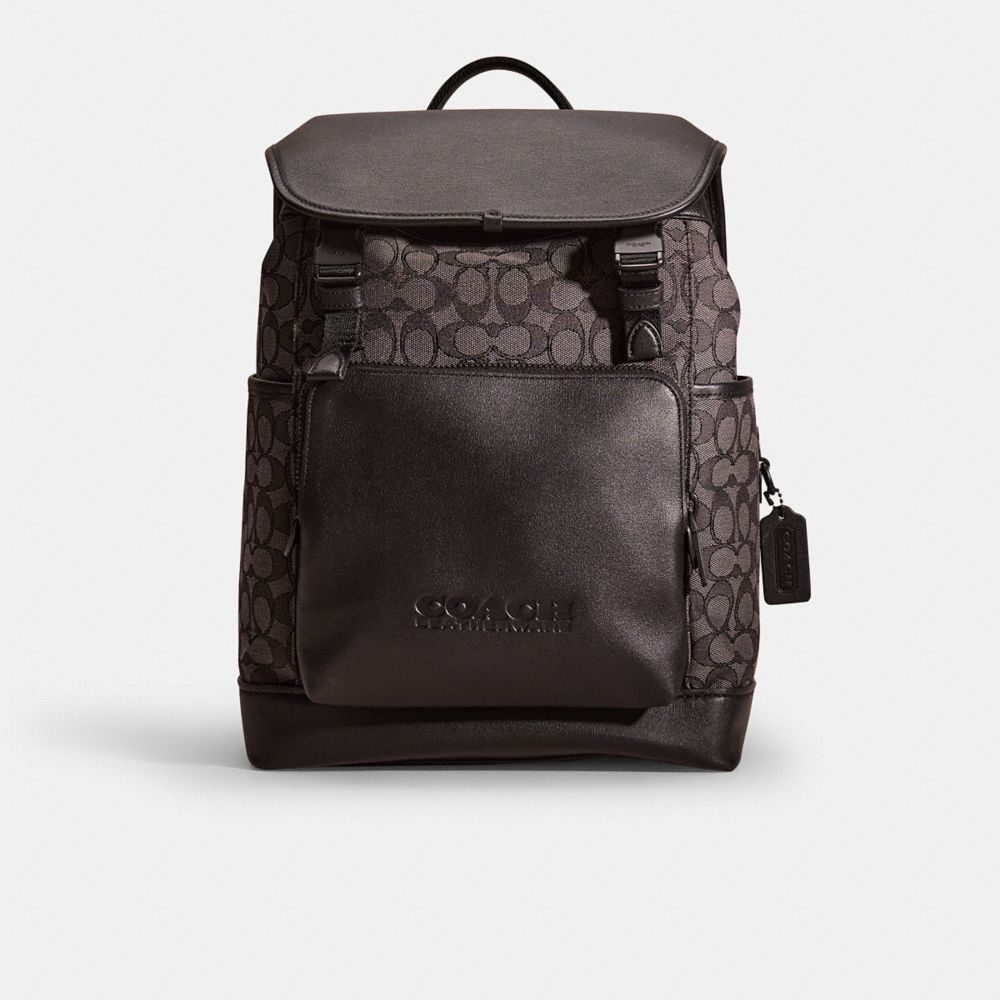 Coach League Flap Backpack in Signature Jacquard, Charcoal/Black