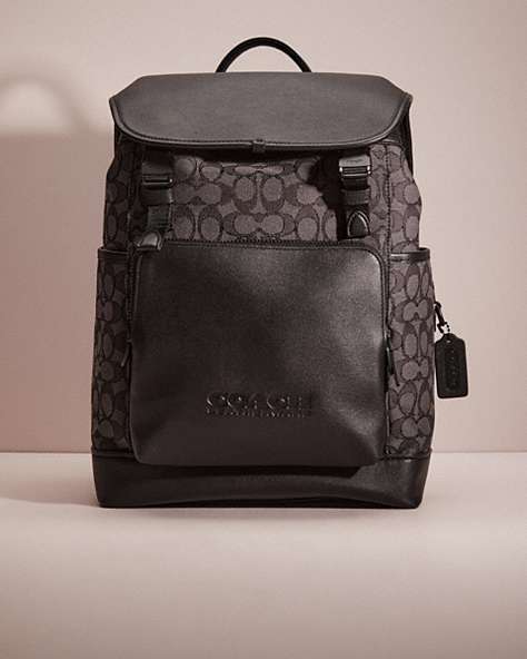COACH®,RESTORED LEAGUE FLAP BACKPACK IN SIGNATURE JACQUARD,Charcoal/Black,Front View