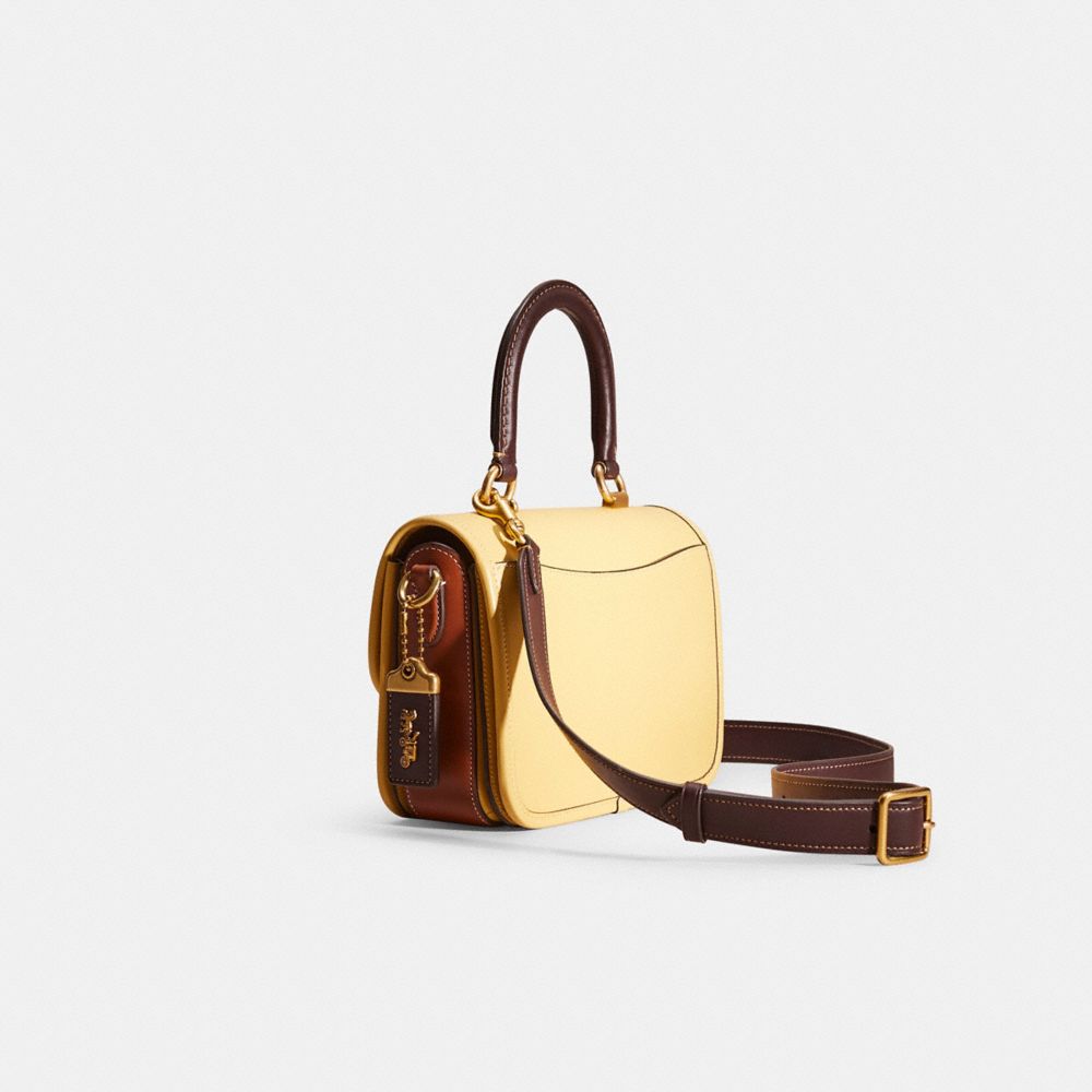 COACH®,Restored Rogue Top Handle In Colorblock,Leather,Lining Leather,Satchel,Chain Detail,Sustainable,Compact,Brass,Day P...,Yellow,Angle View