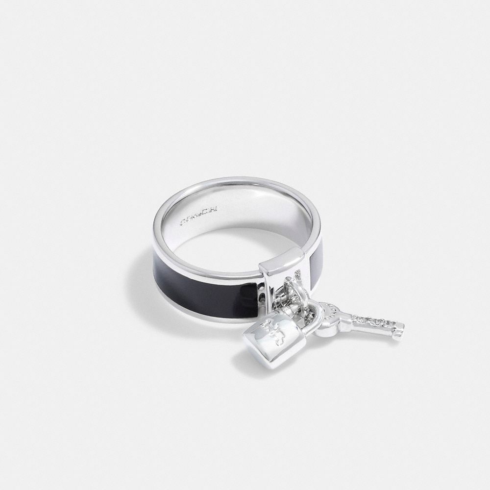COACH®,PADLOCK ENAMEL RING IN SILVER METALLIC,enamel,Silver/Black,Front View