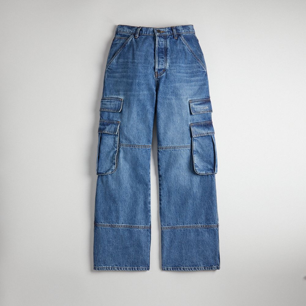 COACH®,Denim Cargo Pant in 31% Recycled Cotton,Other,Denim,Front View image number 0