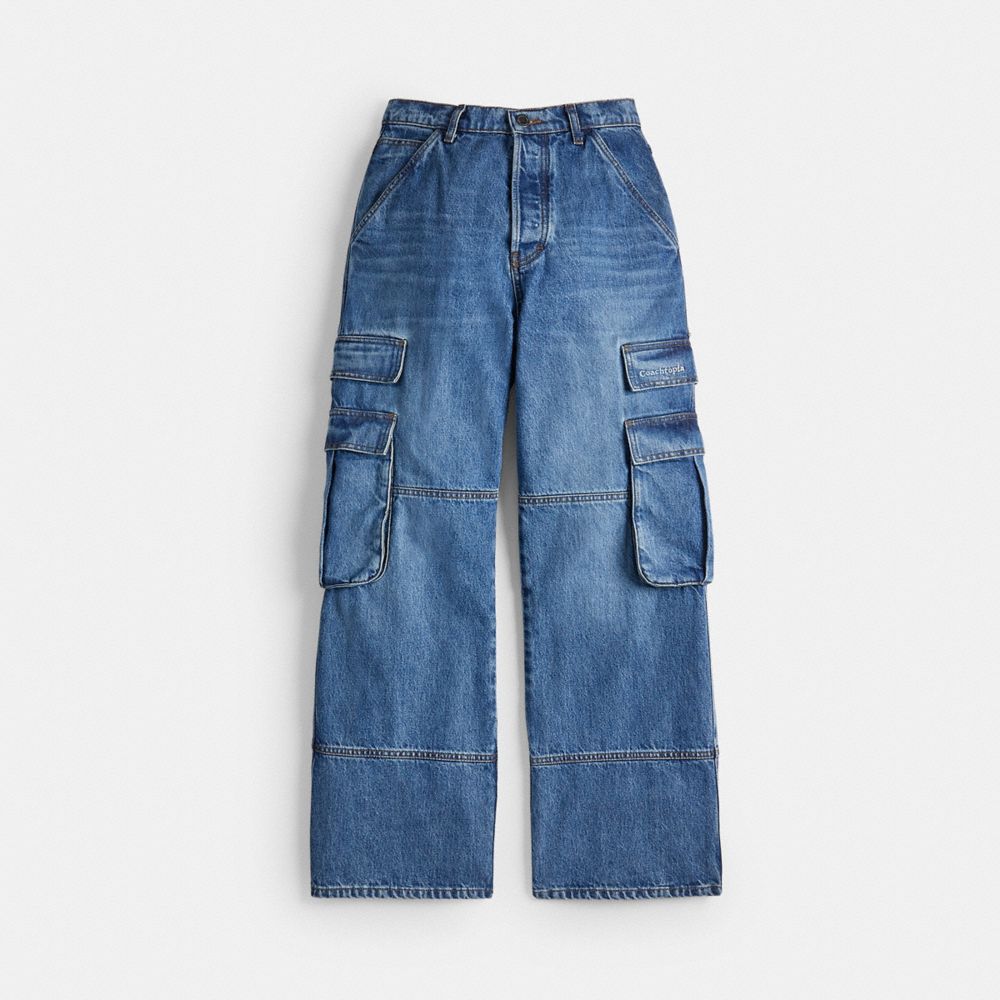 COACH®,Denim Cargo Pant in 31% Recycled Cotton,Other,Denim,Front View